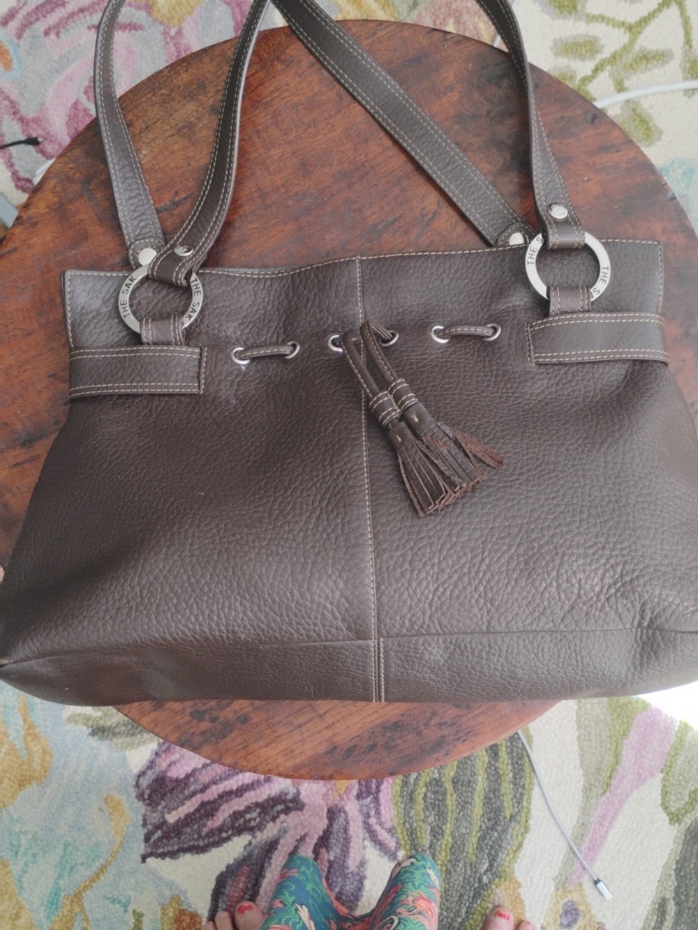 The Sak Pink Label Beige Interior Tote with Hot Pink Logo Patch